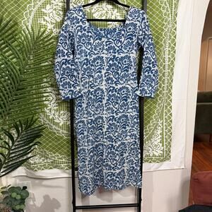 Boho Linen Floral Block Print Midi Dress Blue White Scoop Neck 3/4 Sleeve
